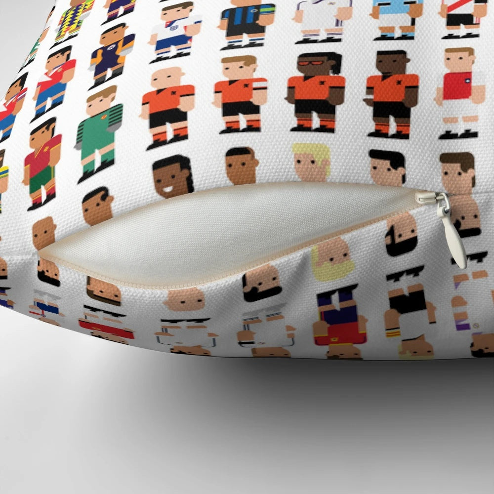 Stylish soccer-themed pillow featuring legendary players and minimal design