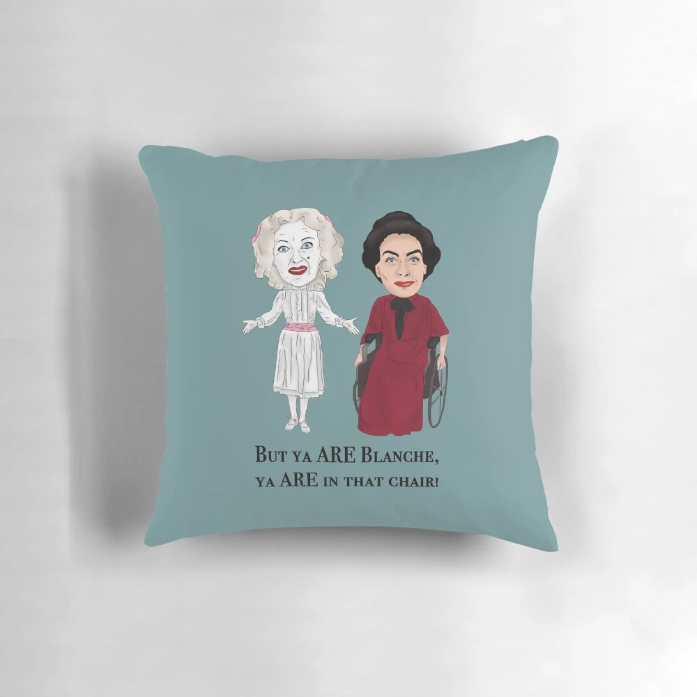 Illustrated pillow design inspired by the classic film "Whatever Happened to Baby Jane" featuring Bette Davis and Joan Crawford.