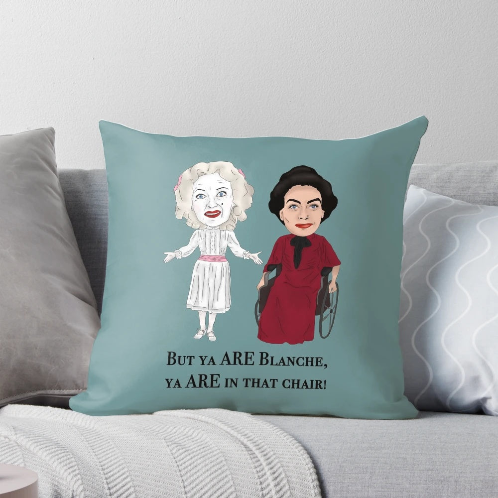 Illustrated pillow design inspired by the classic film "Whatever Happened to Baby Jane" featuring Bette Davis and Joan Crawford.