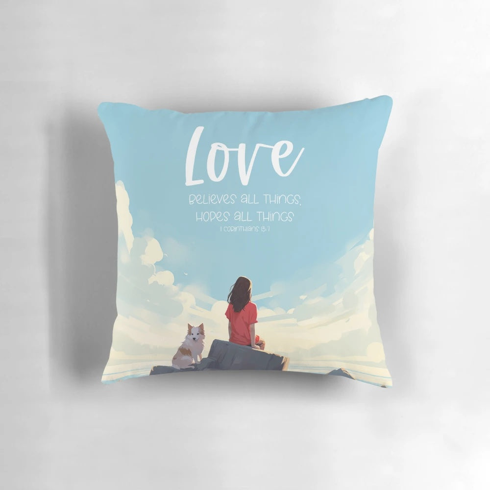 1 Corinthians 13:7 Pillow with Inspirational Bible Verse