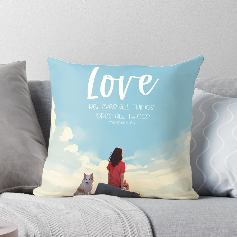 1 Corinthians 13:7 Pillow with Inspirational Bible Verse