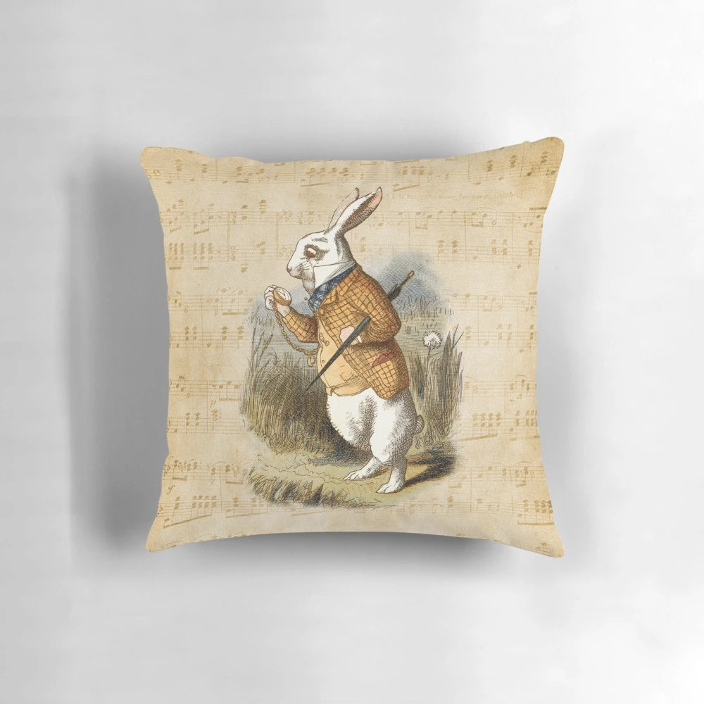 White Rabbit Pillow featuring inspirational Alice in Wonderland quotes