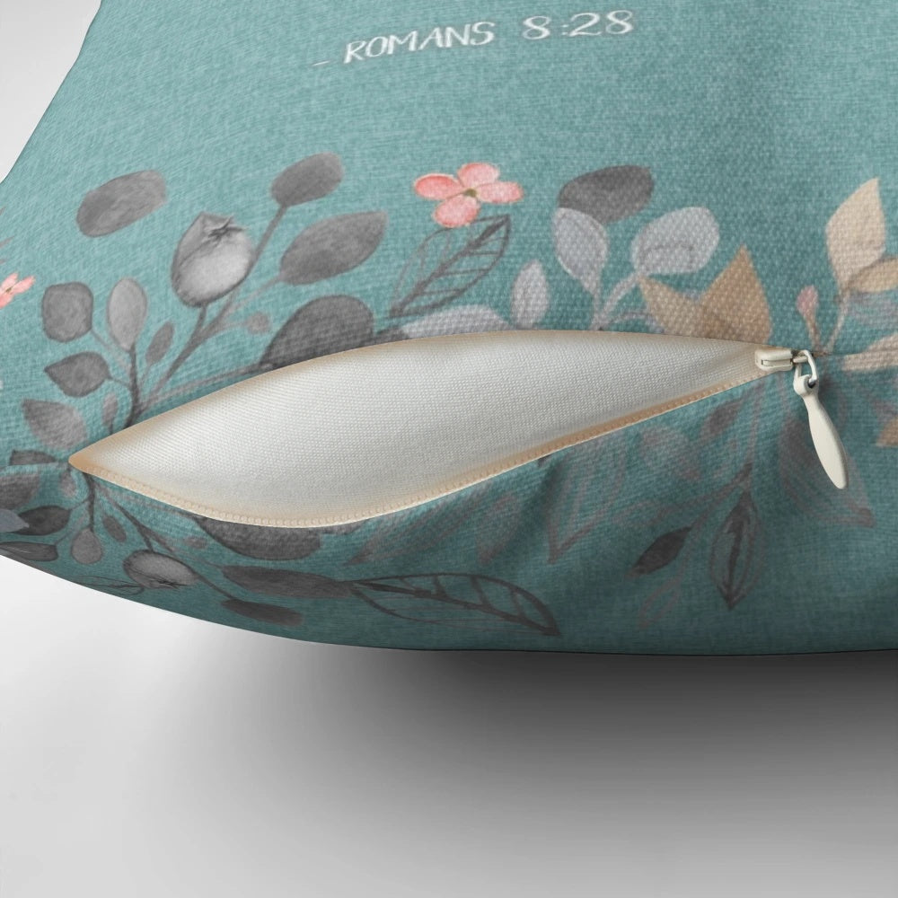 Decorative throw pillow with the biblical verse "And we know that all things work together for good to them that love God" from Romans 8:28.