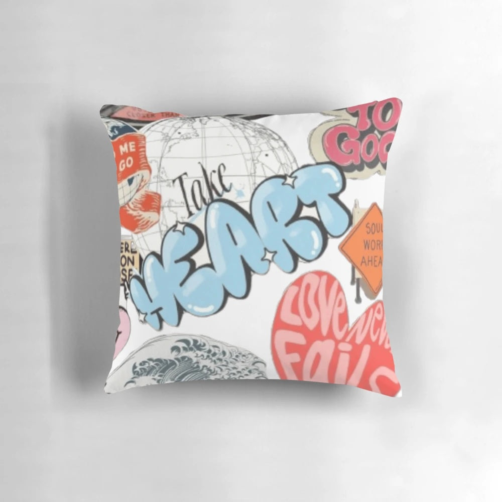 Vibrant and modern Christian aesthetic pillow featuring an abstract collage design of an Asian city skyline and Bible verse