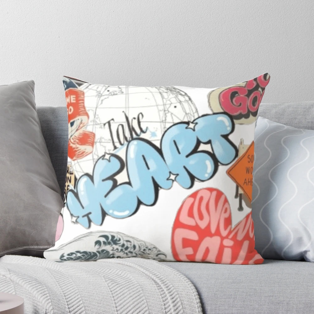 Vibrant and modern Christian aesthetic pillow featuring an abstract collage design of an Asian city skyline and Bible verse