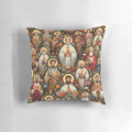 Decorative pillow featuring images of Catholic saints and Jesus Christ