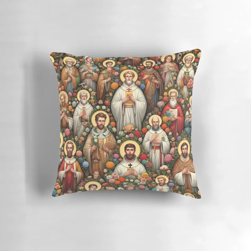 Decorative pillow featuring images of Catholic saints and Jesus Christ