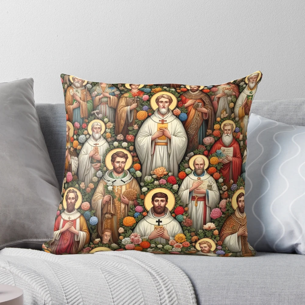 Decorative pillow featuring images of Catholic saints and Jesus Christ