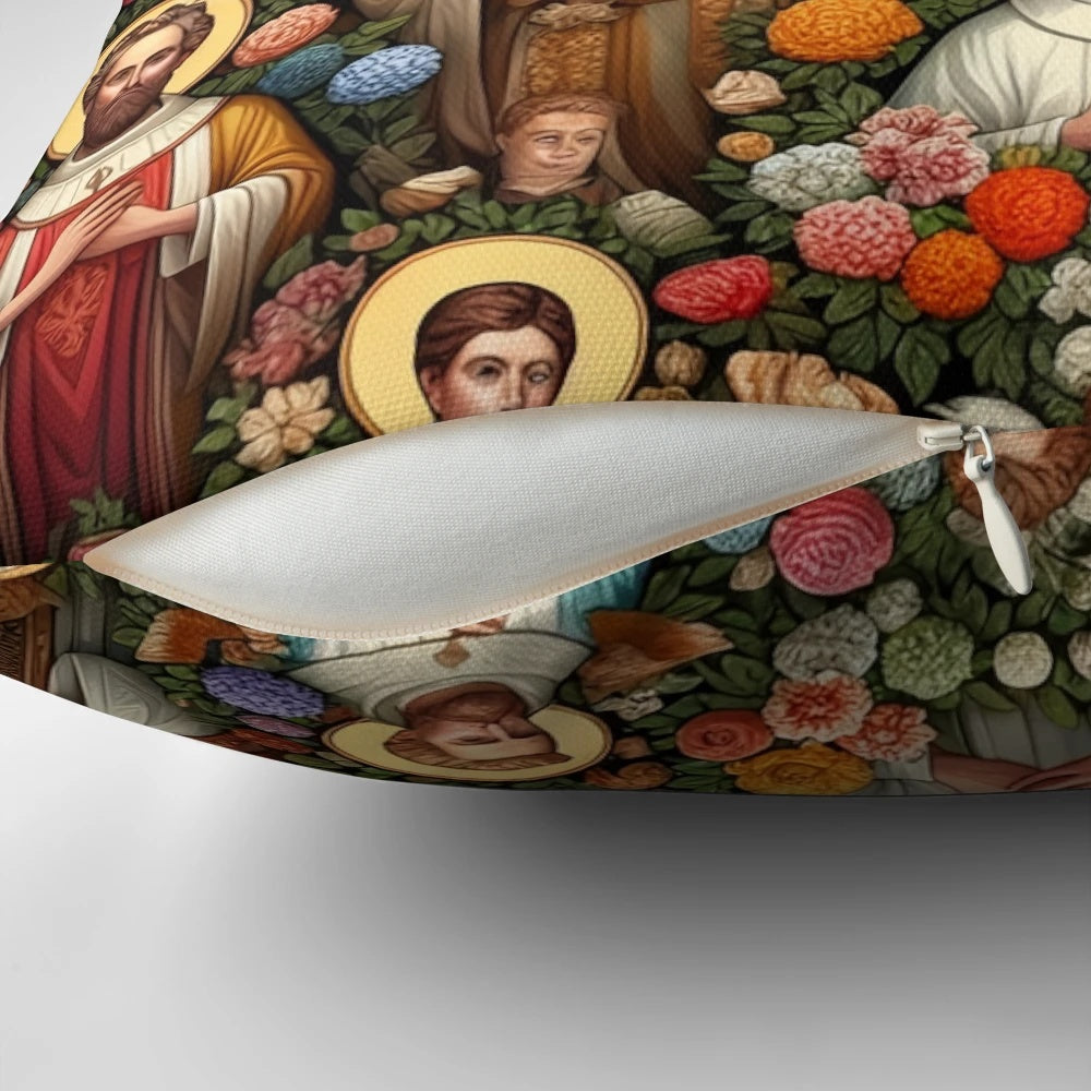 Decorative pillow featuring images of Catholic saints and Jesus Christ