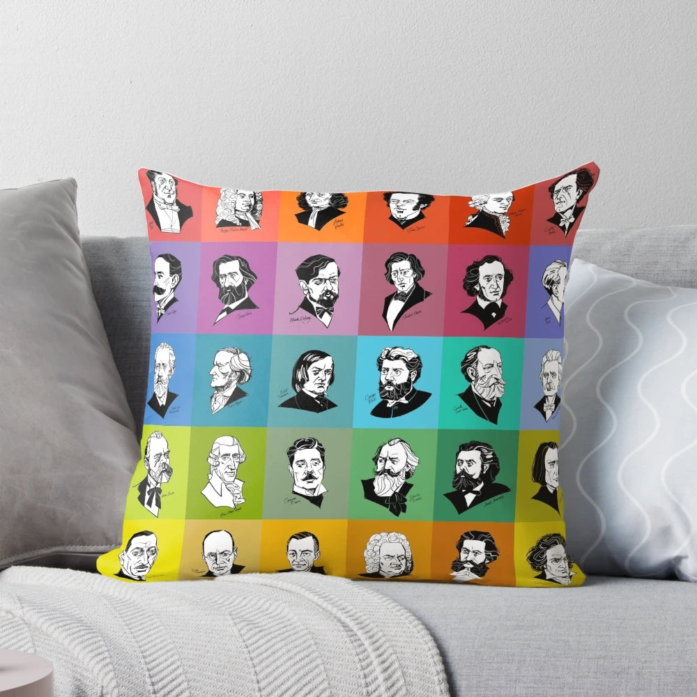 Vibrant multicolored pillow featuring portraits of renowned classical music composers like Beethoven, Mozart, Brahms, and more.