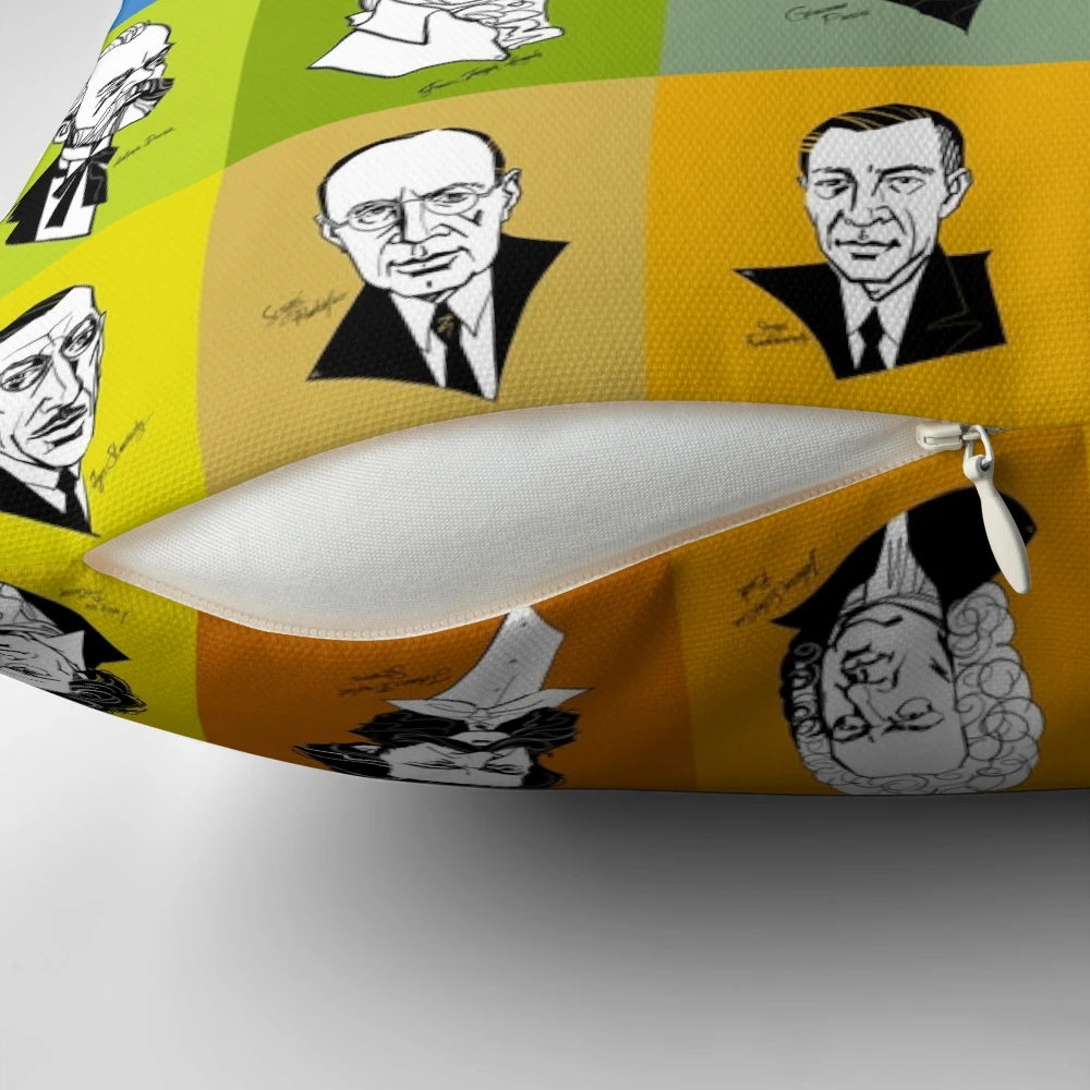 Vibrant multicolored pillow featuring portraits of renowned classical music composers like Beethoven, Mozart, Brahms, and more.