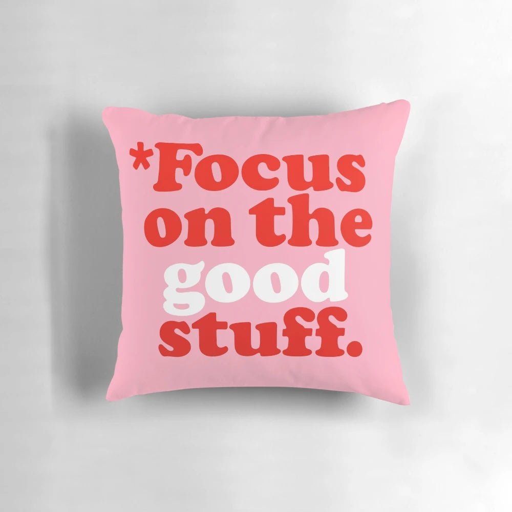 Vintage-inspired "Focus on the Good Stuff" pillow in pink and red colors