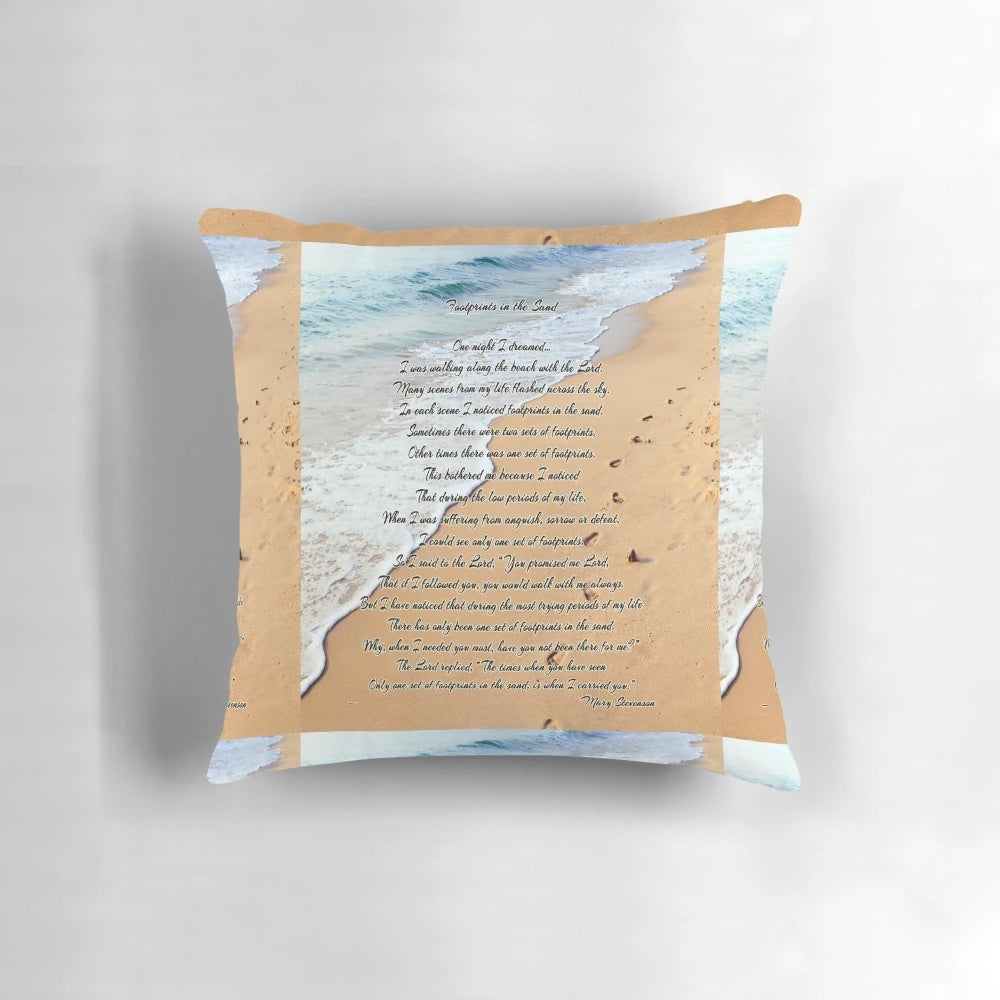 Footprints in the Sand Pillow featuring a motivational poem and ocean scenery