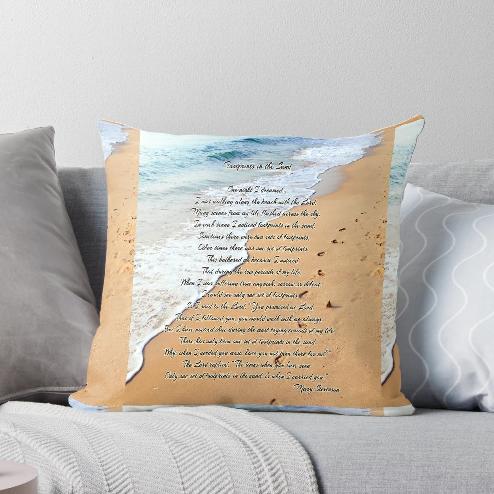 Footprints in the Sand Pillow featuring a motivational poem and ocean scenery