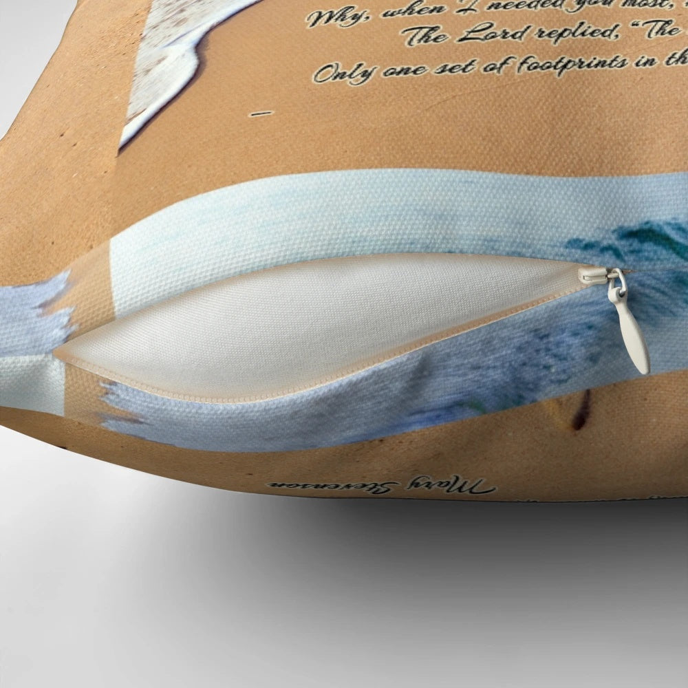 Footprints in the Sand Pillow featuring a motivational poem and ocean scenery