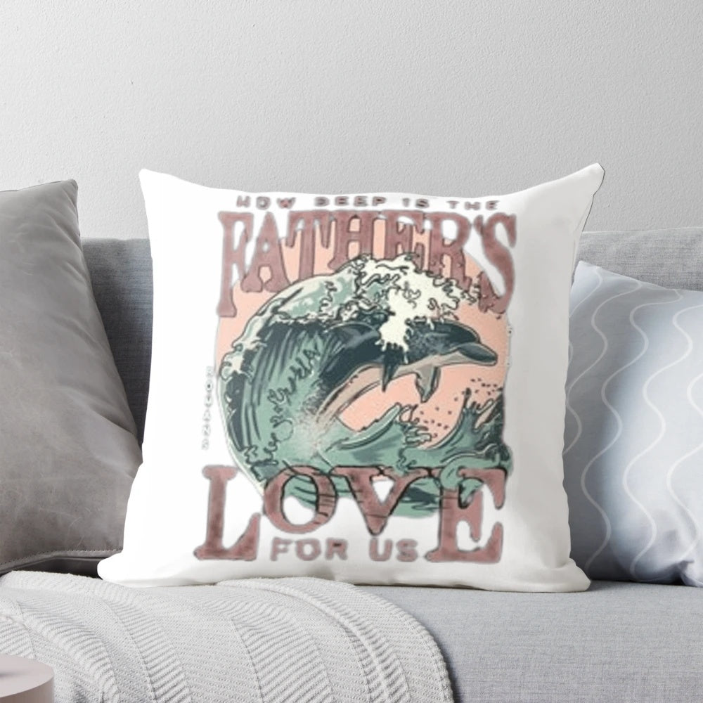 How Deep is His Love' inspirational Christian wall art pillow with abstract landscape design