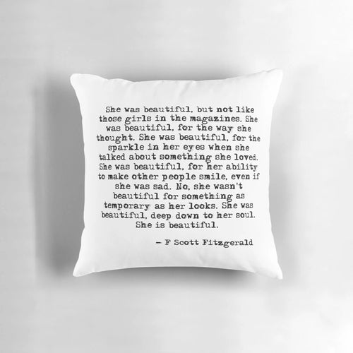 Beautiful and inspiring pillow featuring a classic quote from F. Scott Fitzgerald's literary works.