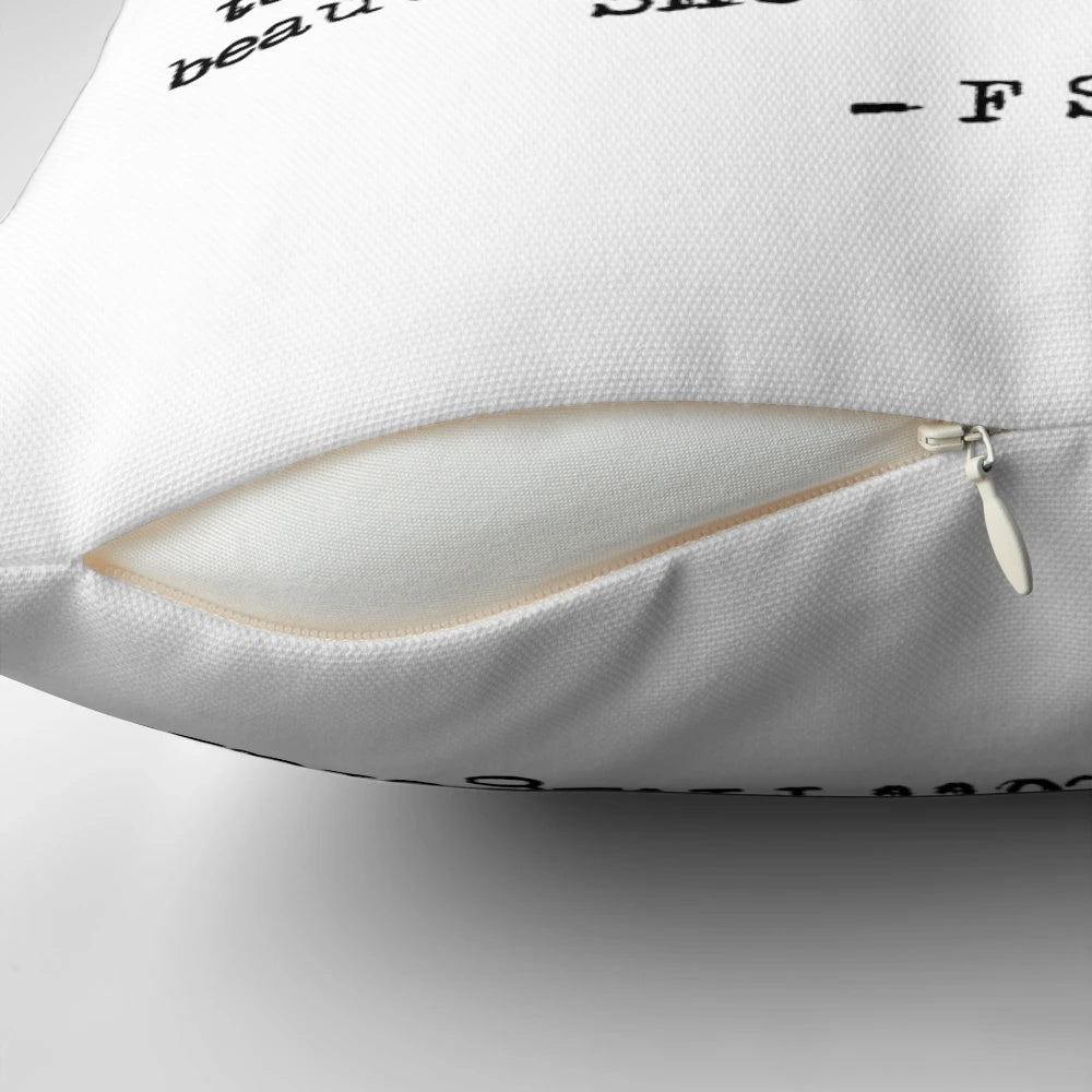 Beautiful and inspiring pillow featuring a classic quote from F. Scott Fitzgerald's literary works.