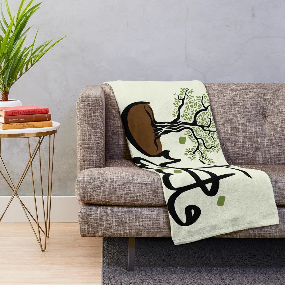 Palestinian olive tree plush blanket with Arabic calligraphy design