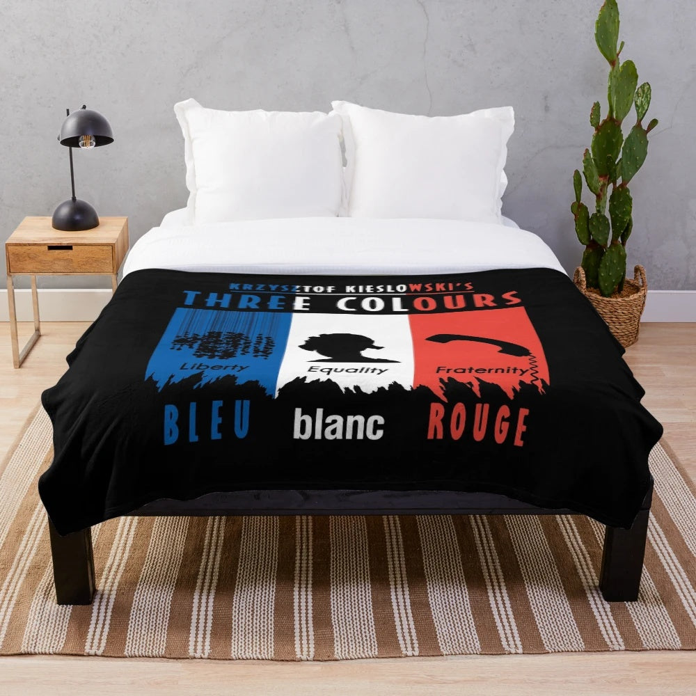 Plush blanket featuring imagery inspired by Krzysztof Kieslowski's Three Colors Trilogy