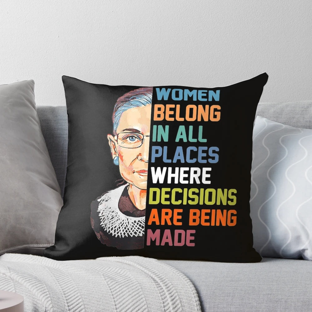 Stylish throw pillow featuring a quote from Ruth Bader Ginsburg, the iconic feminist and Supreme Court Justice.
