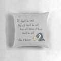 A cozy pillow featuring a cartoon scottish terrier with the inspiring quote "All Shall Be Well" from Julian of Norwich.
