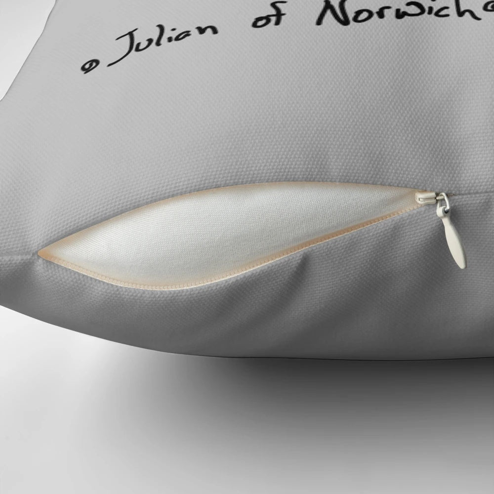A cozy pillow featuring a cartoon scottish terrier with the inspiring quote "All Shall Be Well" from Julian of Norwich.