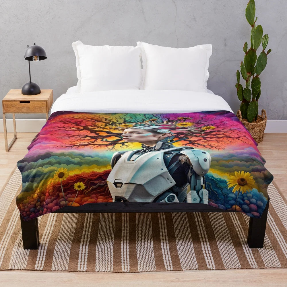 Intergalactic Android Tree Plush Blanket with Sci-Fi Fantasy Patterns