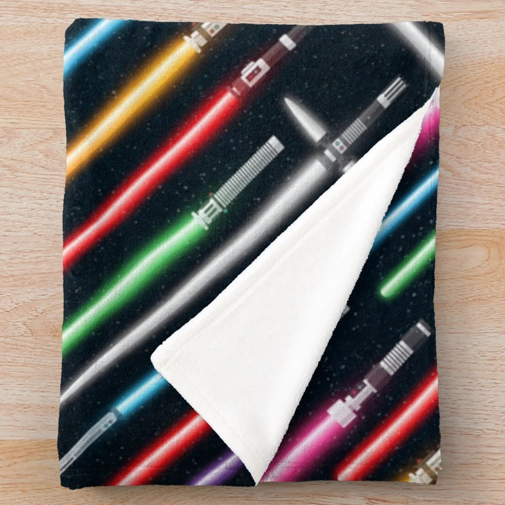 Lightsaber-themed plush blanket for sci-fi enthusiasts