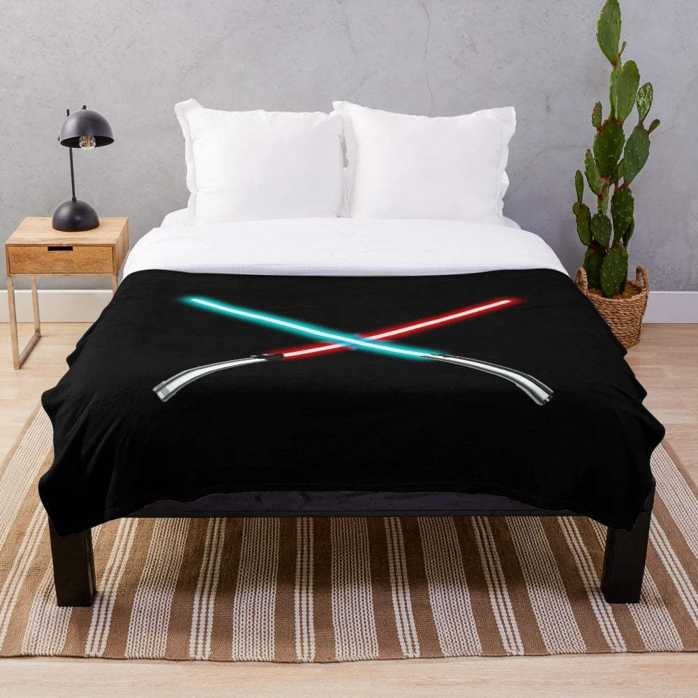 Intergalactic plush blanket featuring dueling sci-fi characters with a peaceful message