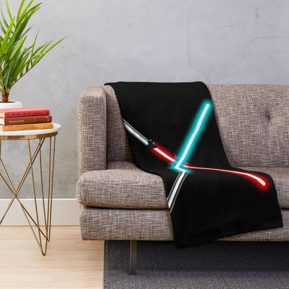 Intergalactic plush blanket featuring dueling sci-fi characters with a peaceful message