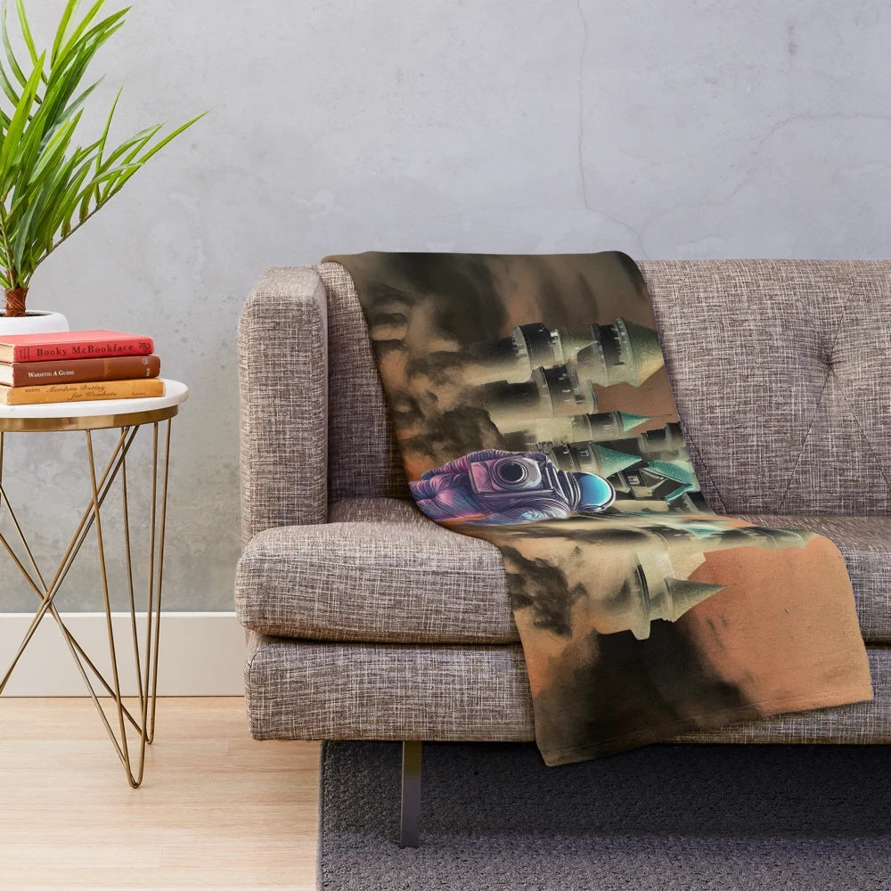 Plush blanket featuring a sand castle on the surface of Mars in a vibrant, sci-fi inspired design