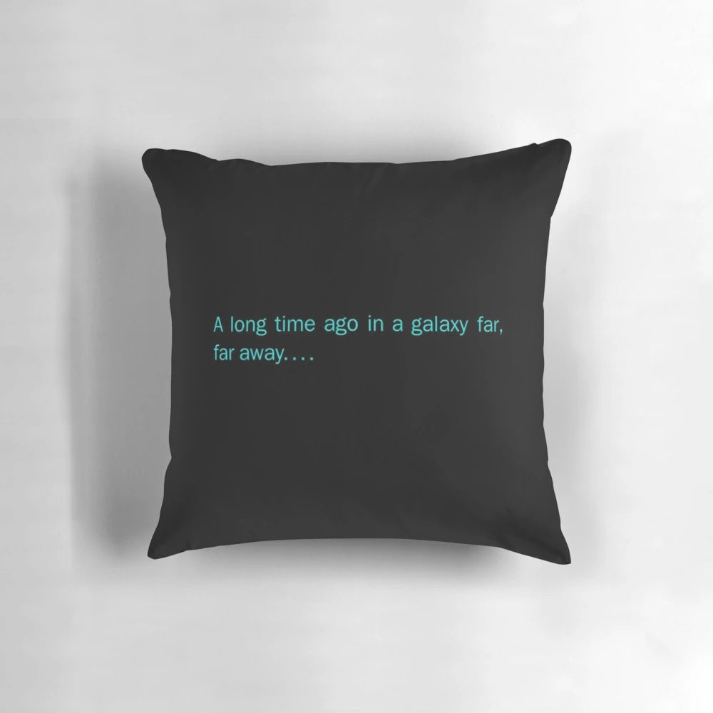 Intergalactic sci-fi themed decorative pillow in blue and black colors
