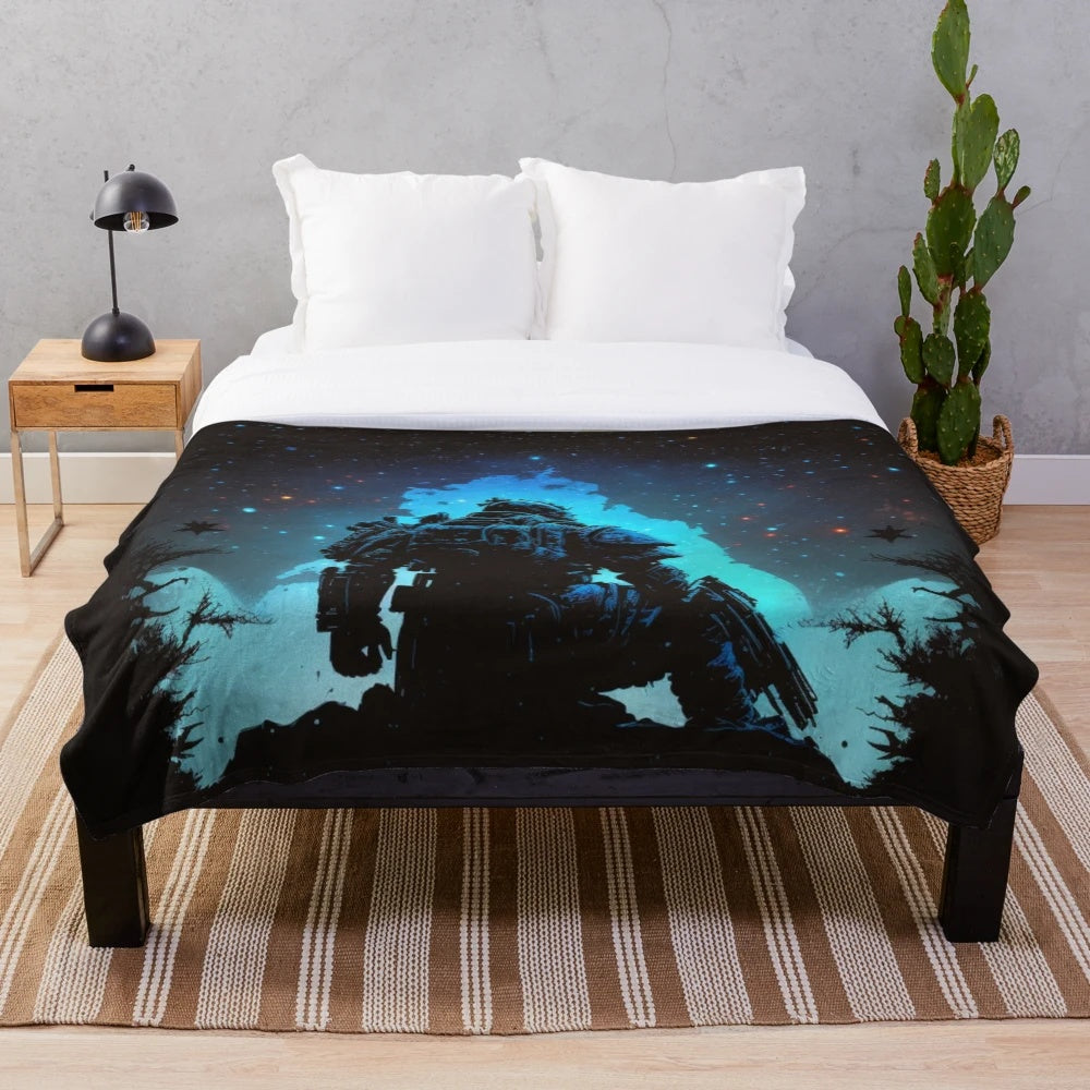 Intergalactic space marine plush blanket with a starry night design