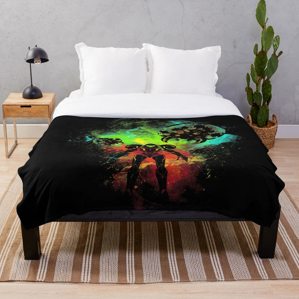 Space-themed plush blanket featuring a bounty hunter design for gamers