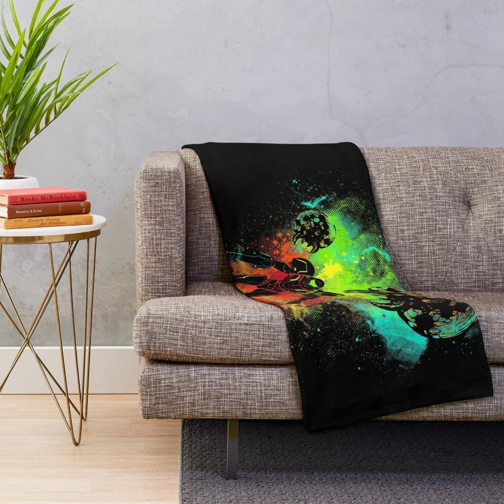 Space-themed plush blanket featuring a bounty hunter design for gamers