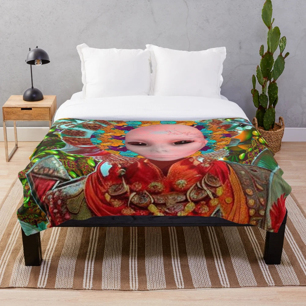 Interstellar Flower Plush Blanket - Cosmic Boho Alien Themed Decor