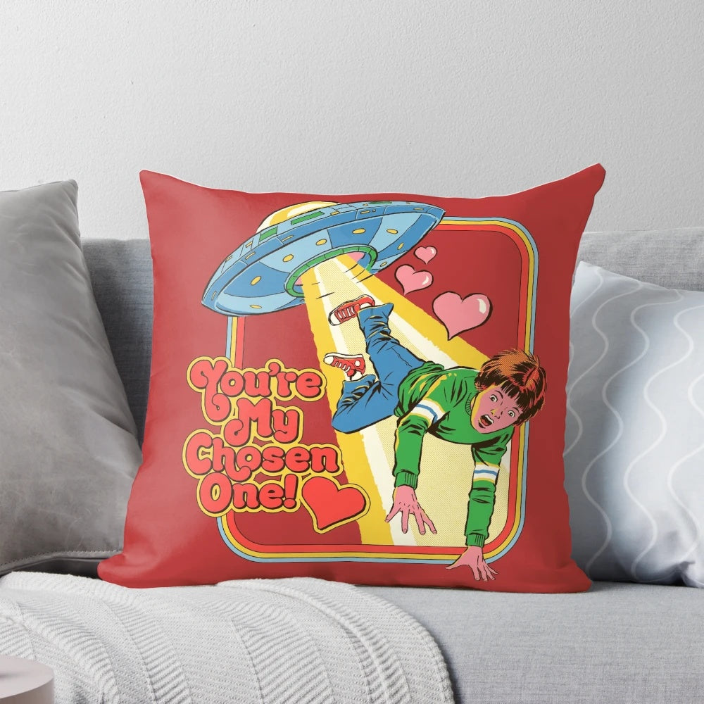 A retro-style pillow with a heart and sci-fi elements, perfect for Valentine's Day