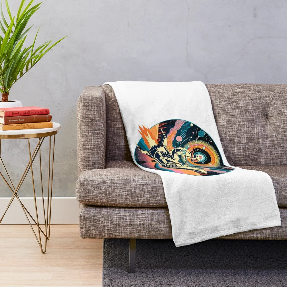 Interstellar plush blanket featuring a futuristic space travel design