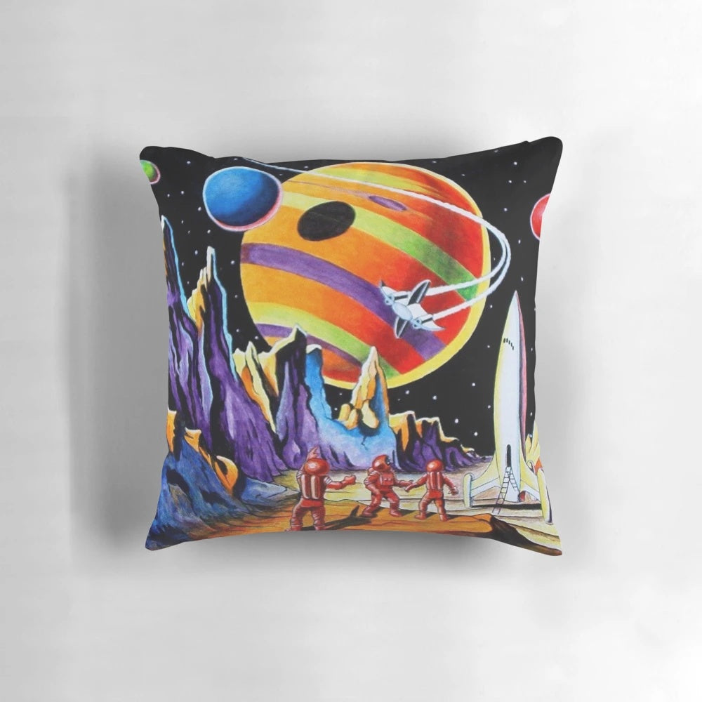 New Worlds Pillow with Retro Sci-Fi Motifs - Featuring Spaceships, Rockets, and Aliens
