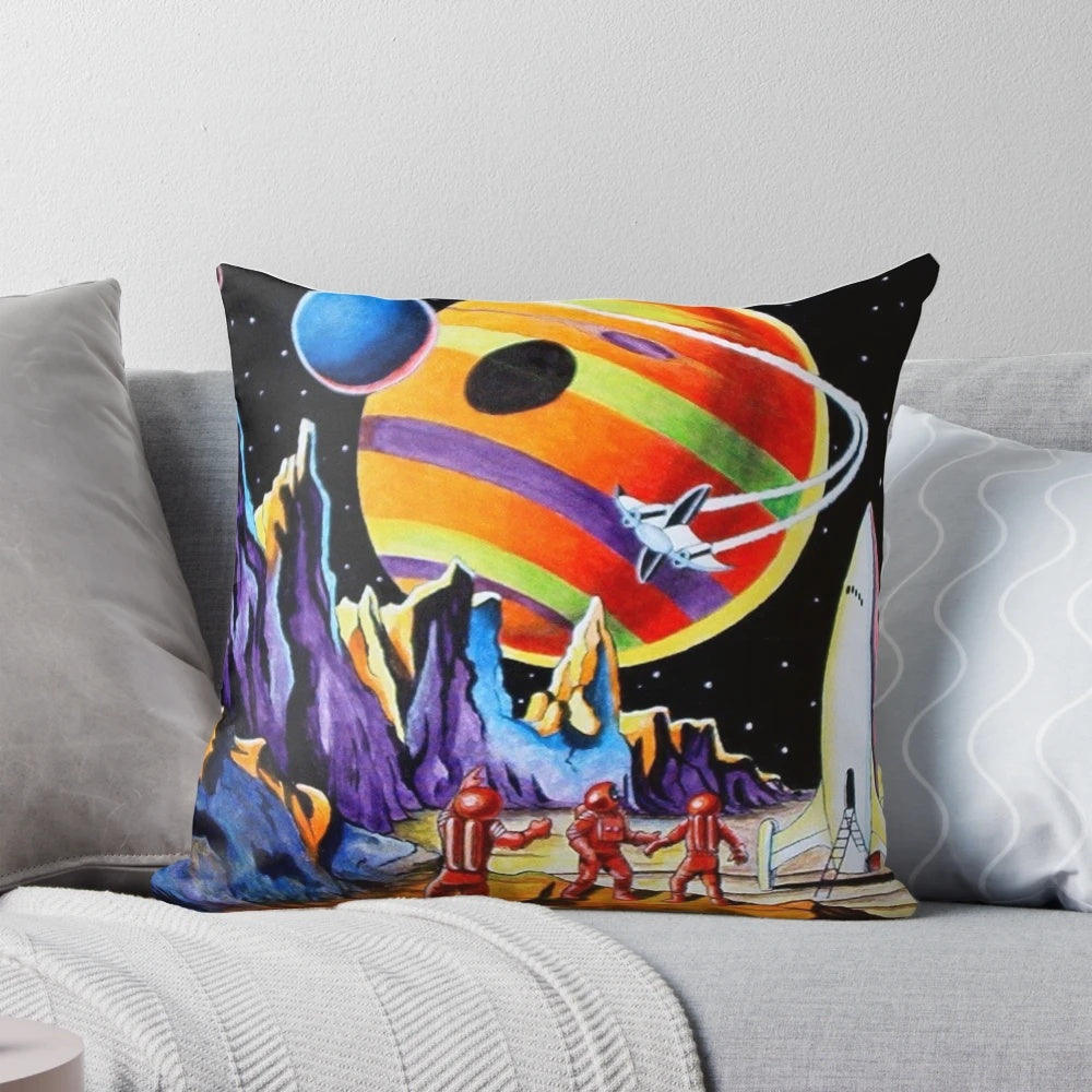 New Worlds Pillow with Retro Sci-Fi Motifs - Featuring Spaceships, Rockets, and Aliens