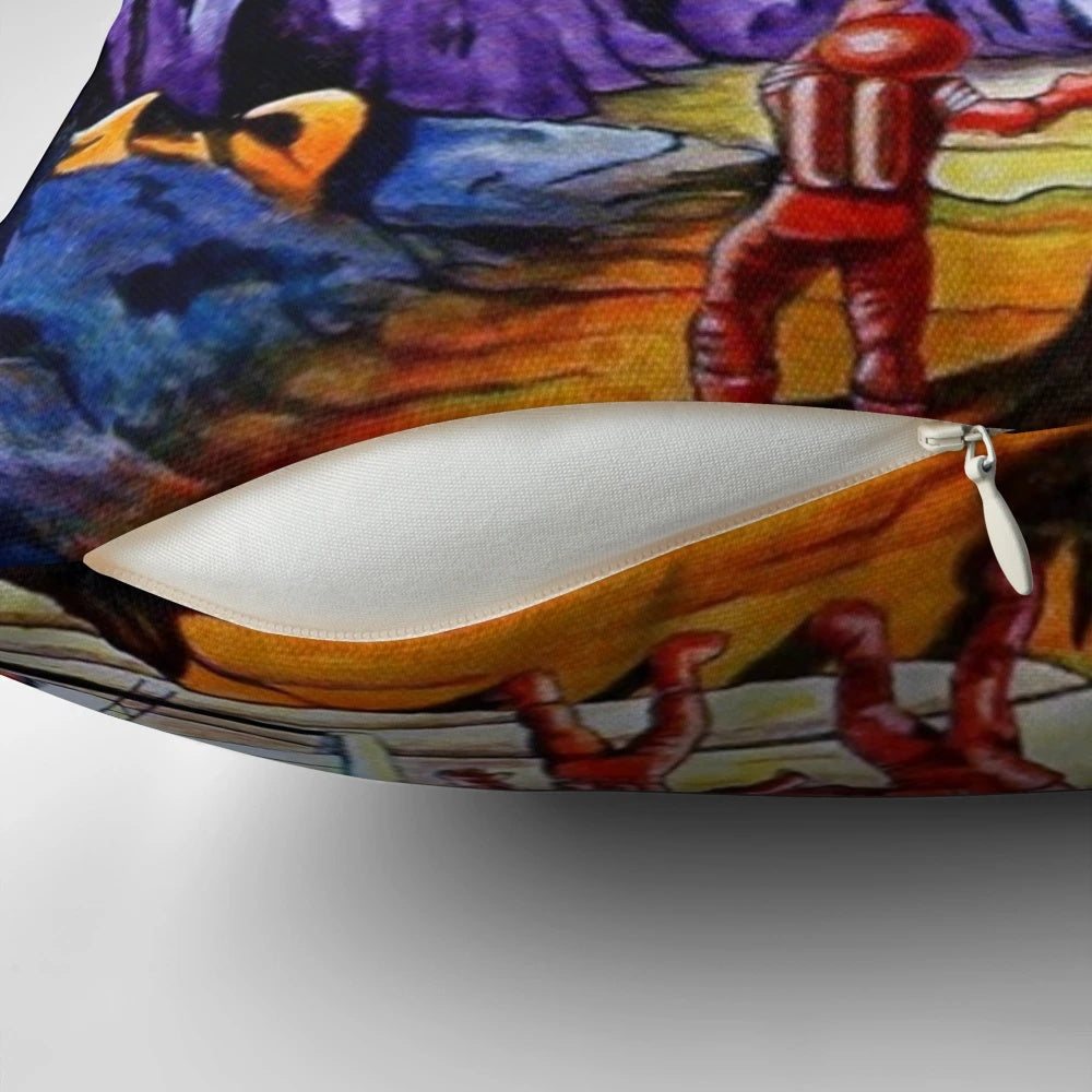 New Worlds Pillow with Retro Sci-Fi Motifs - Featuring Spaceships, Rockets, and Aliens