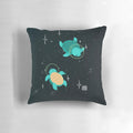 Colorful throw pillow featuring a cute, green turtle floating in space among stars and planets