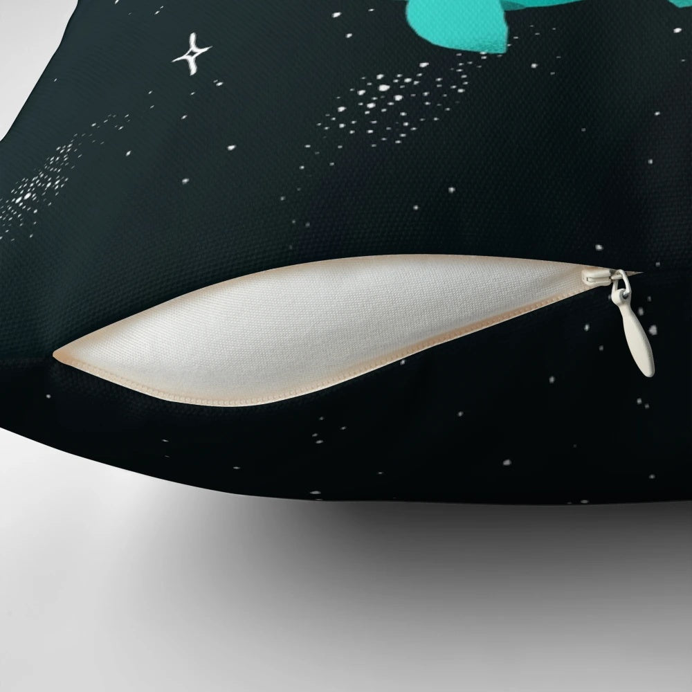 Colorful throw pillow featuring a cute, green turtle floating in space among stars and planets