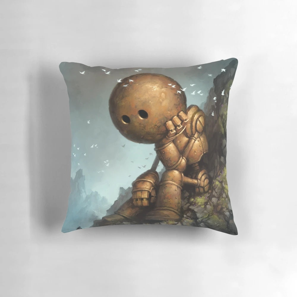 Introversion Robot Pillow, a cute and funny home decor piece featuring a sad robot design
