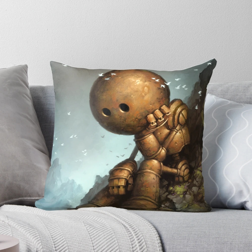 Introversion Robot Pillow, a cute and funny home decor piece featuring a sad robot design