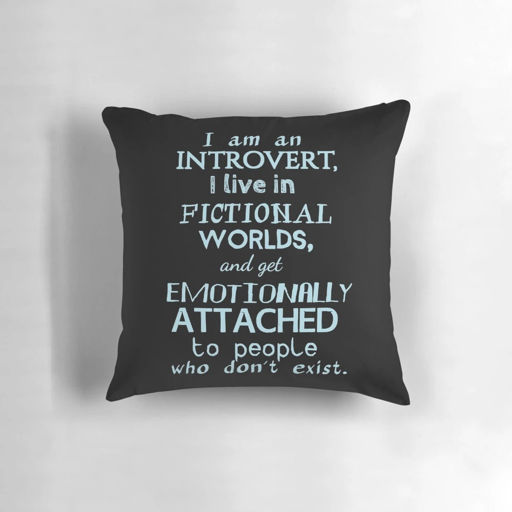 Cozy pillow featuring an illustration of fictional characters and worlds, perfect for book lovers and introverts.