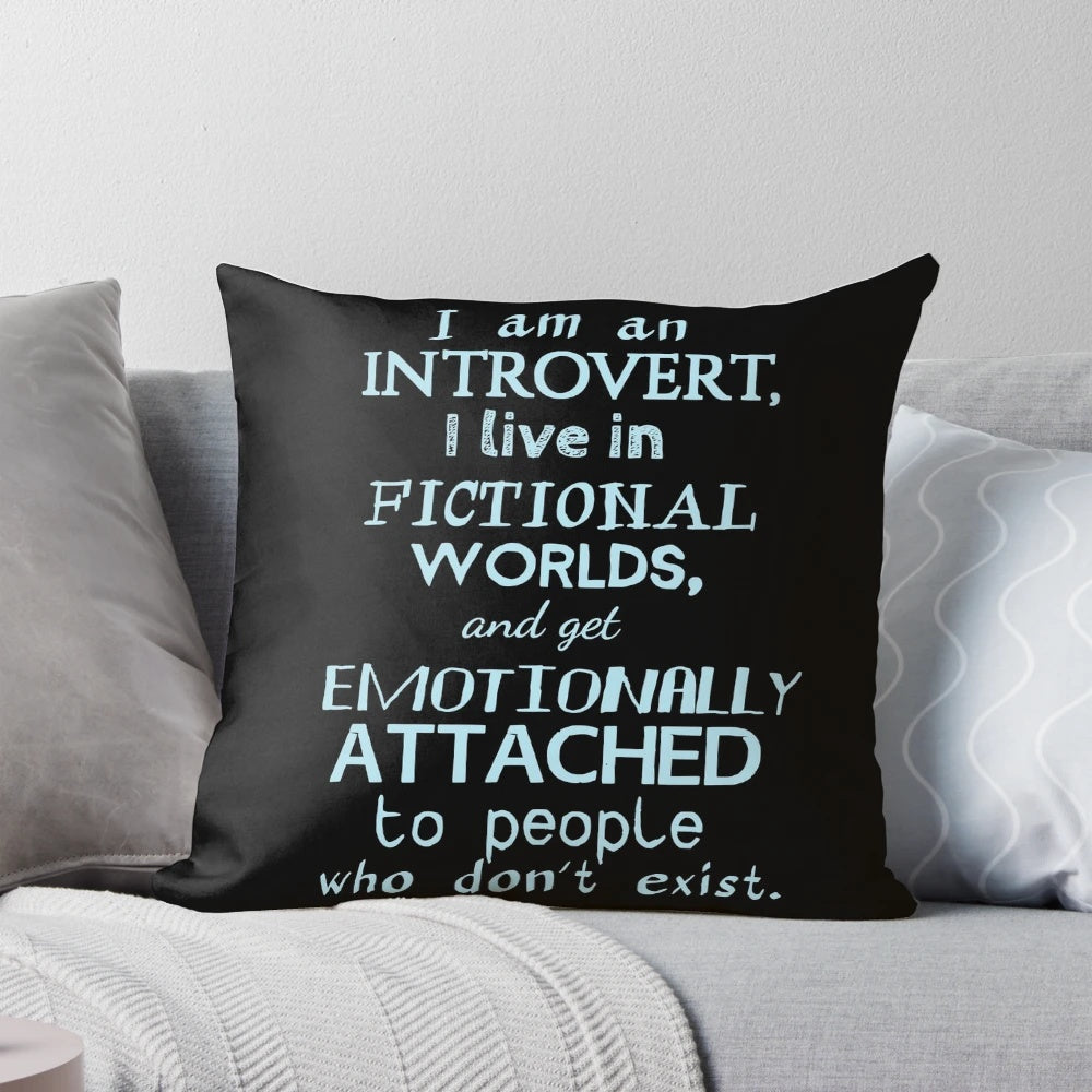Cozy pillow featuring an illustration of fictional characters and worlds, perfect for book lovers and introverts.