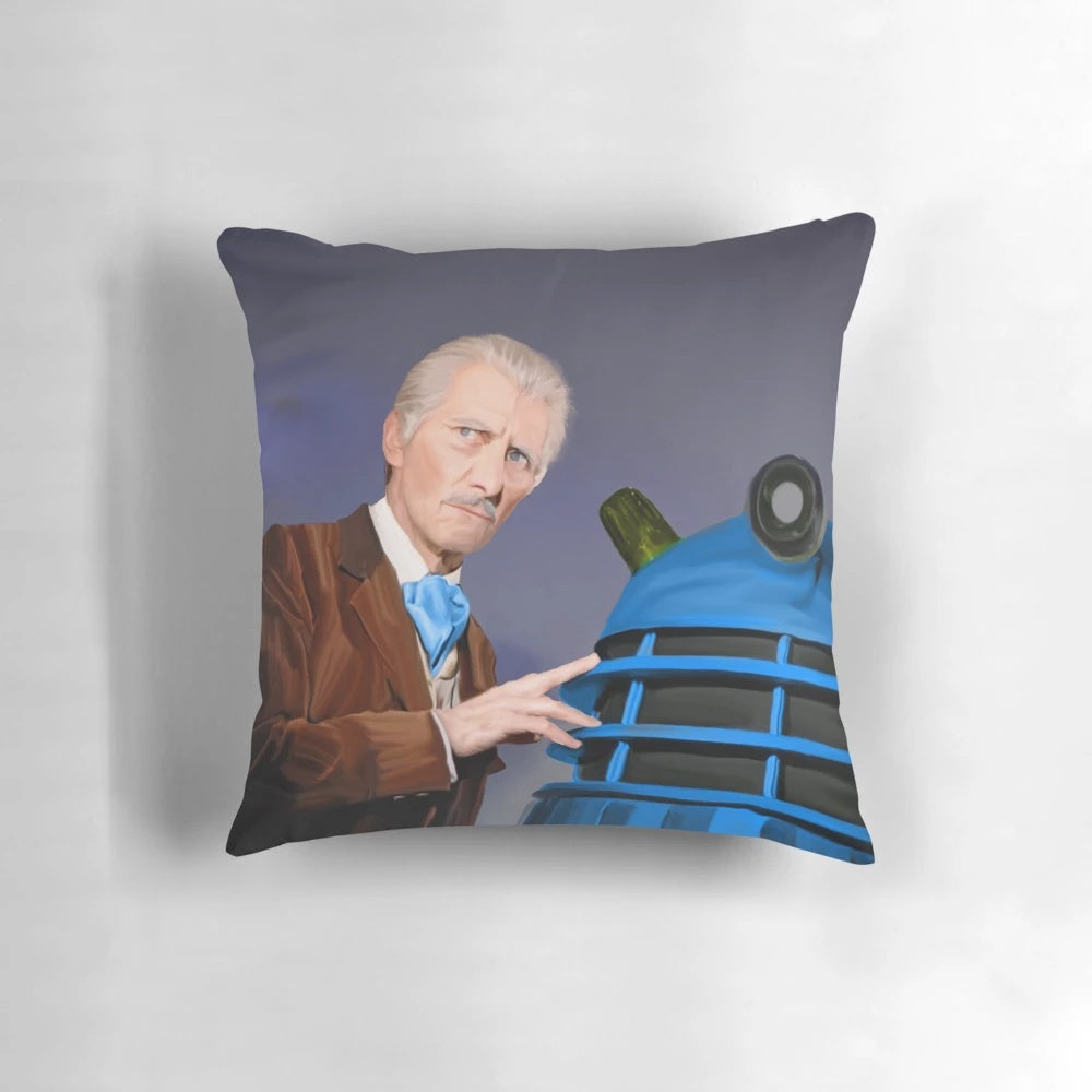 Stylish pillow featuring iconic Doctor Who characters and the Invasion Earth 2150 theme
