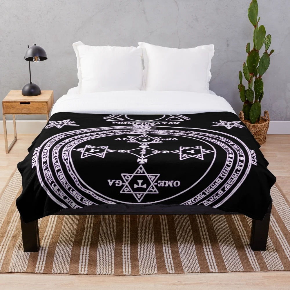 Inverted plush blanket featuring occult symbols and magical seals